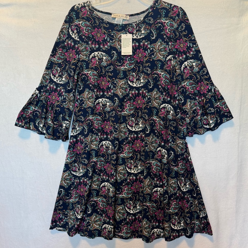 Floral Paisley Mini Dress in Navy and Pink 3/4 Bell Sleeve Y2K Stretchy Chic